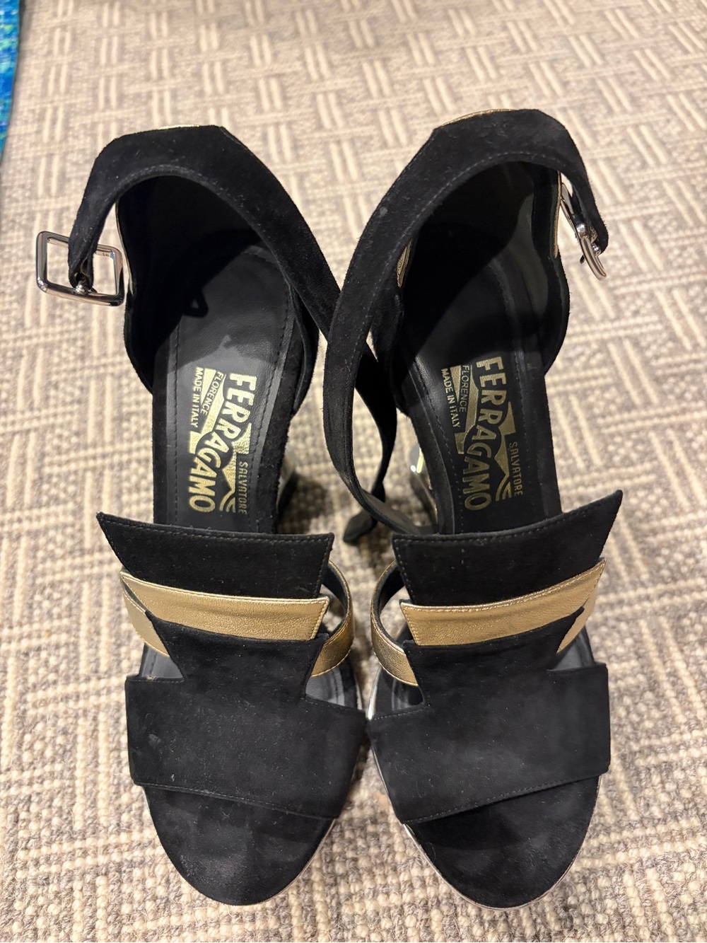 Salvatore Ferragamo Black and Gold Suede Block-Heel Sandals